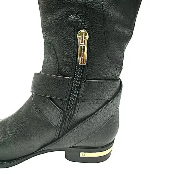 Vince Camuto Knee-High Black Leather Boots Gold Hardware Size 5M Zip - Picture 3 of 10